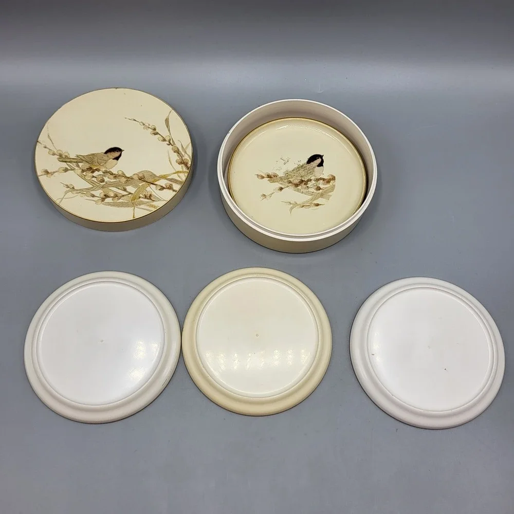 Otagiri Japanese Lacquerware Coaster Set Bird Willow Tree Motif Cream Gold Table